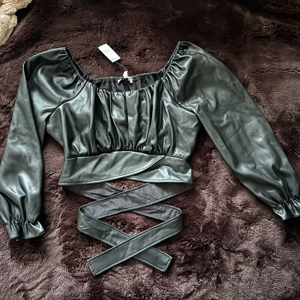 Black Faux Leather Off-Shoulder Top